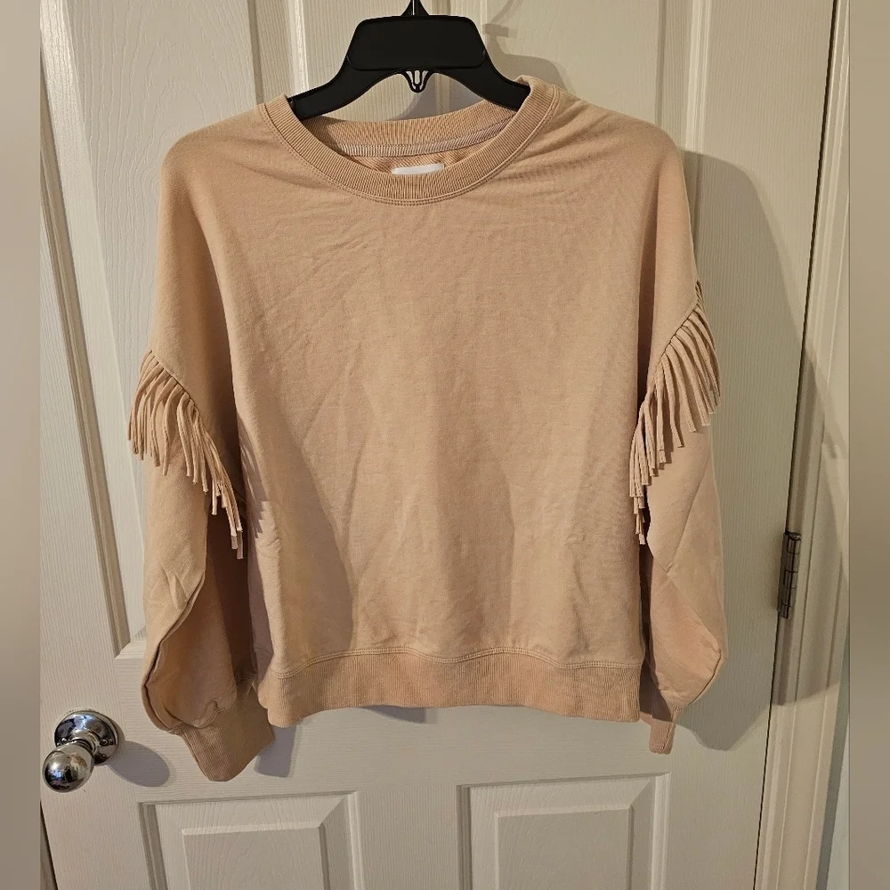 SUNDAYS Women's Jane Fringe Trimmed Sweatshirt Ivory Smoke Sz 1